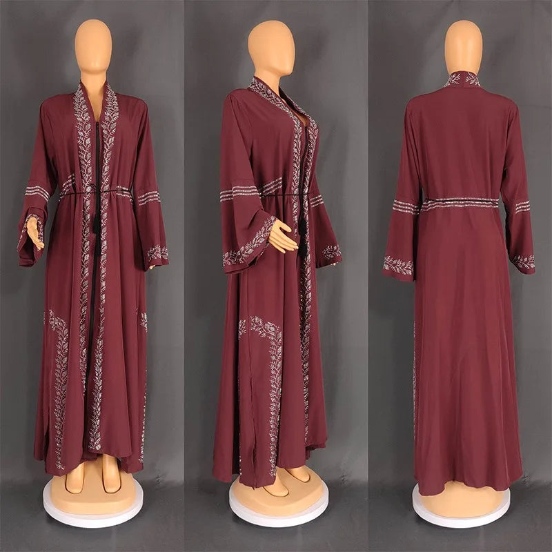 2023 Summer Elegant Style African Women Long Sleeve V-neck Polyester Green Red Blue Long Dress Maxi Dress Muslim Fashion Dresses