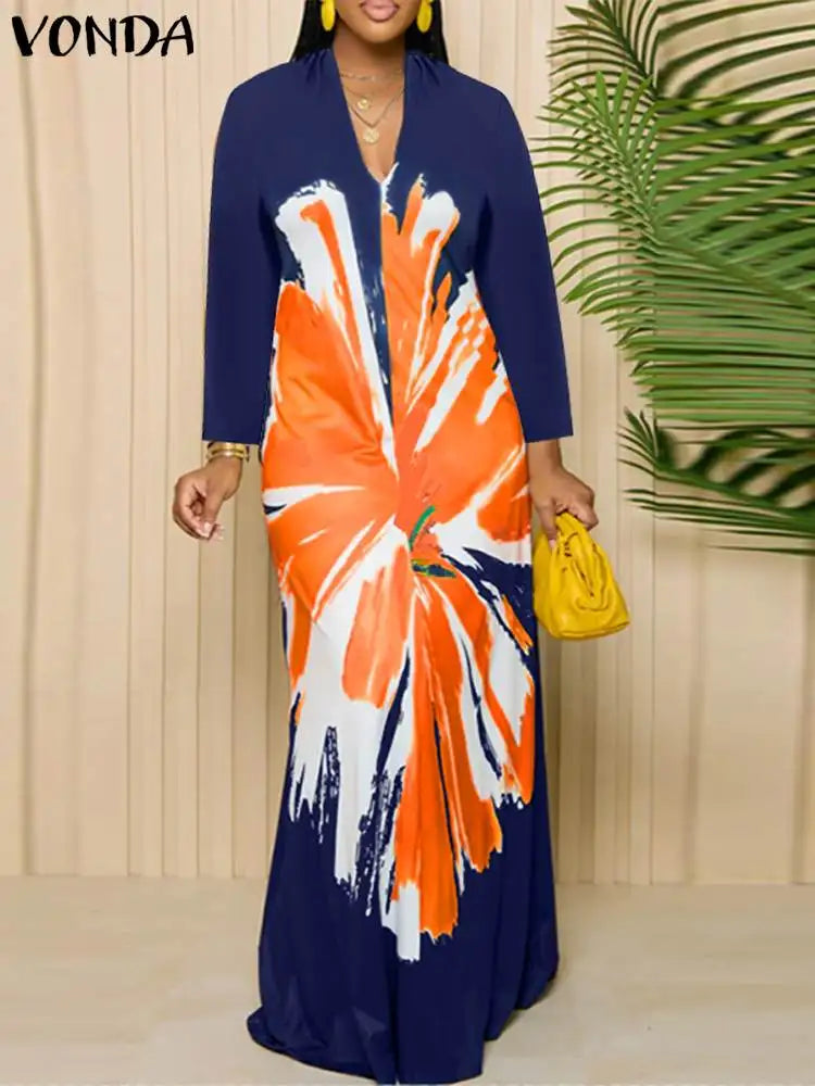 Plus Size VONDA Women Long Sleeve Autumn Printed Maxi Dresses 2024 Causal O-Neck Loose Sundress Oversize Robe Bohemian Vestidos