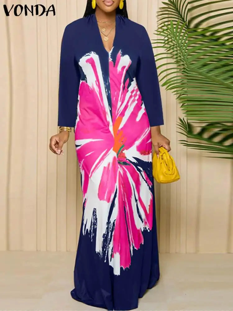 Plus Size VONDA Women Long Sleeve Autumn Printed Maxi Dresses 2024 Causal O-Neck Loose Sundress Oversize Robe Bohemian Vestidos