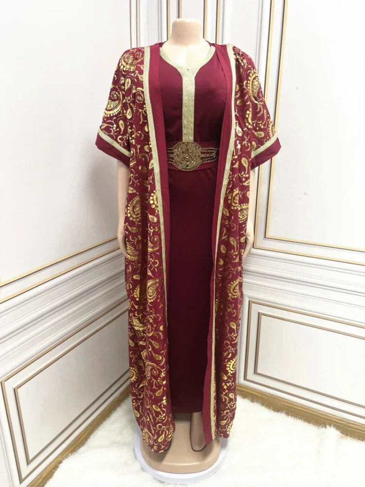 Print Muslim Abaya For Women Eid Dress 2 Piece Set Morocco Ramadan Belted Abayas Kaftan Islam Cardigan Dubai Arab Long Robe 2024