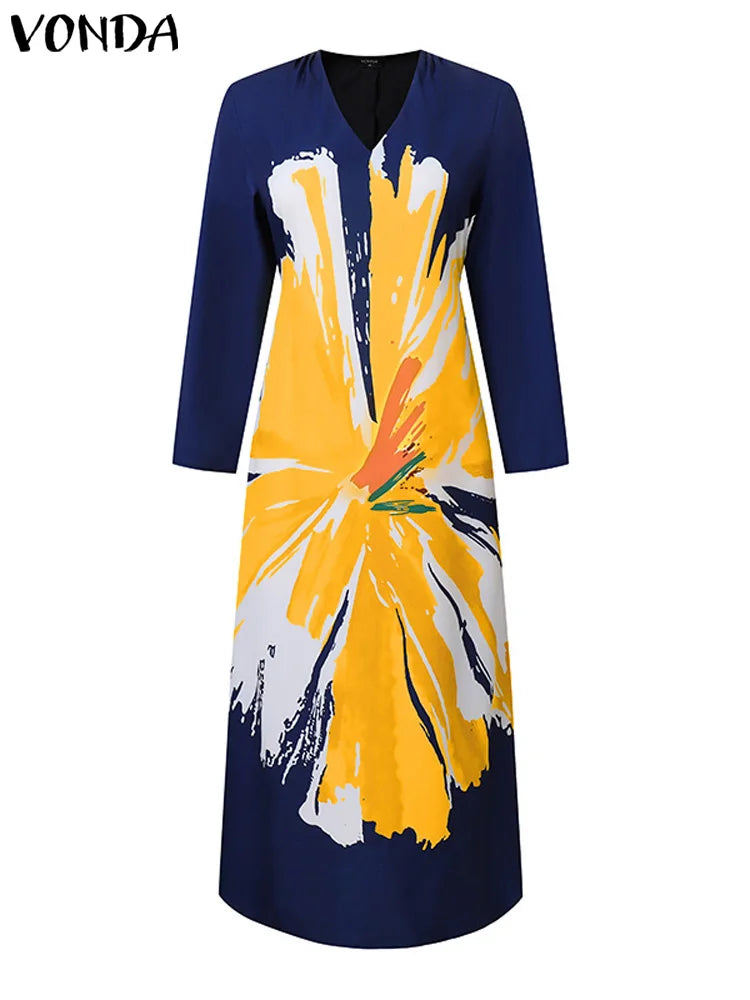 Plus Size VONDA Women Long Sleeve Autumn Printed Maxi Dresses 2024 Causal O-Neck Loose Sundress Oversize Robe Bohemian Vestidos