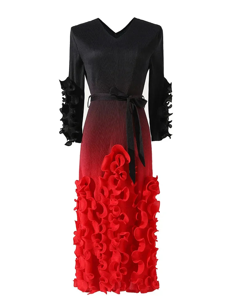 Miyake Pleated Dress Women's 2024 Summer New Gradient V-neck Short-sleeved Fungus Edge Waist-tie Loose Large Size Long Skirt
