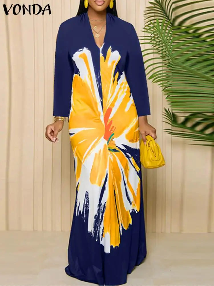 Plus Size VONDA Women Long Sleeve Autumn Printed Maxi Dresses 2024 Causal O-Neck Loose Sundress Oversize Robe Bohemian Vestidos