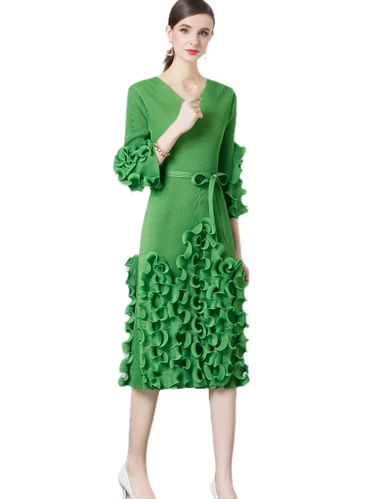 Miyake Summer Foreign Trade New Folded Design Fungus Edge Lotus Edge Super Slim V-Neck Medium and Long Dress Heavy Industry