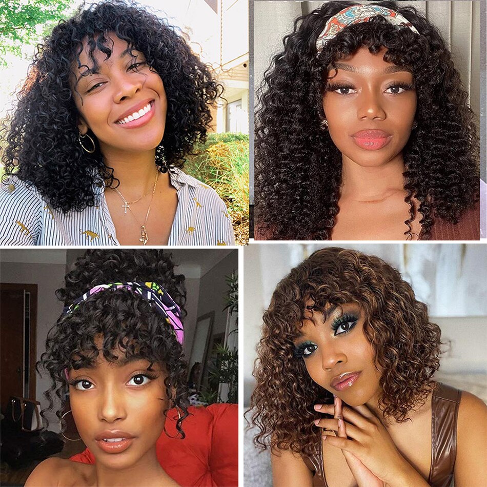 Short Bob Wig Virgin Human Hair Water Wave Wig With Bangs Full Machine Wigs For Black Women PrePlucked With Baby Hair jerry Curl