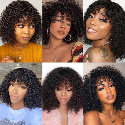 Short Bob Wig Virgin Human Hair Water Wave Wig With Bangs Full Machine Wigs For Black Women PrePlucked With Baby Hair jerry Curl