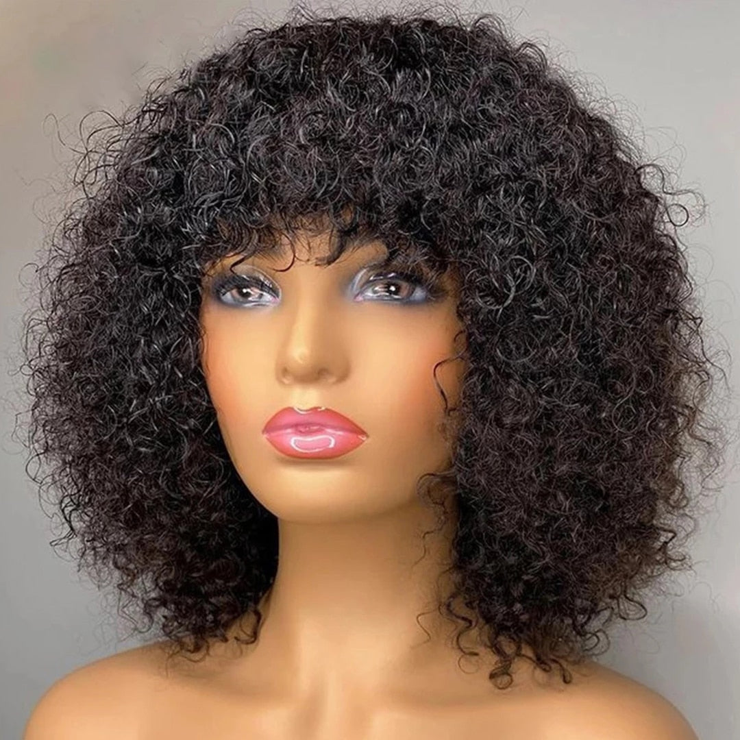 Short Bob Wig Virgin Human Hair Water Wave Wig With Bangs Full Machine Wigs For Black Women PrePlucked With Baby Hair jerry Curl