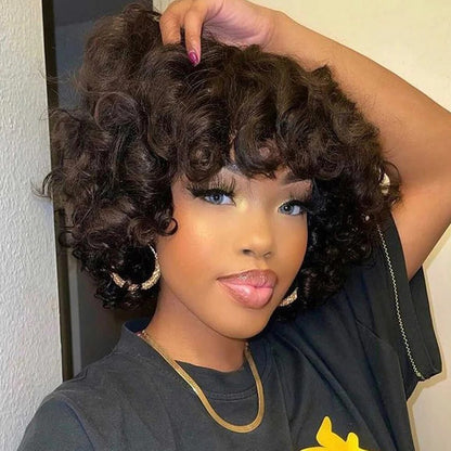 Bouncy Curly Fringe Wig Pixie Cut Wig Short Curly Human Hair Wigs For Women Cheap Full Machine Wigs Egg Curls Bob Wig With Bangs