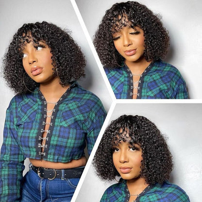 Short Bob Wig Virgin Human Hair Water Wave Wig With Bangs Full Machine Wigs For Black Women PrePlucked With Baby Hair jerry Curl