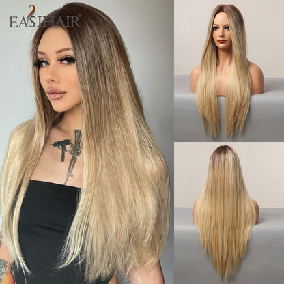 EASIHAIR Long Straight Synthetic Wigs for Women Ombre Brown Golden Blonde Middle Part Heat Resistant Cosplay Wig Natural Hair