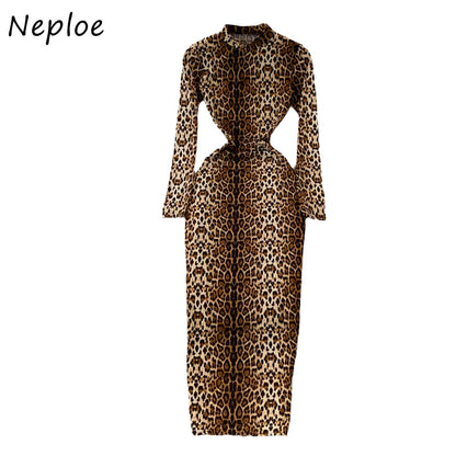 Neploe Fashion Sexy Leopard Print Dress for Women Stand-up Collar Slim Pencil Dresses Long Sleeve Temperament Elastic Robe Femme