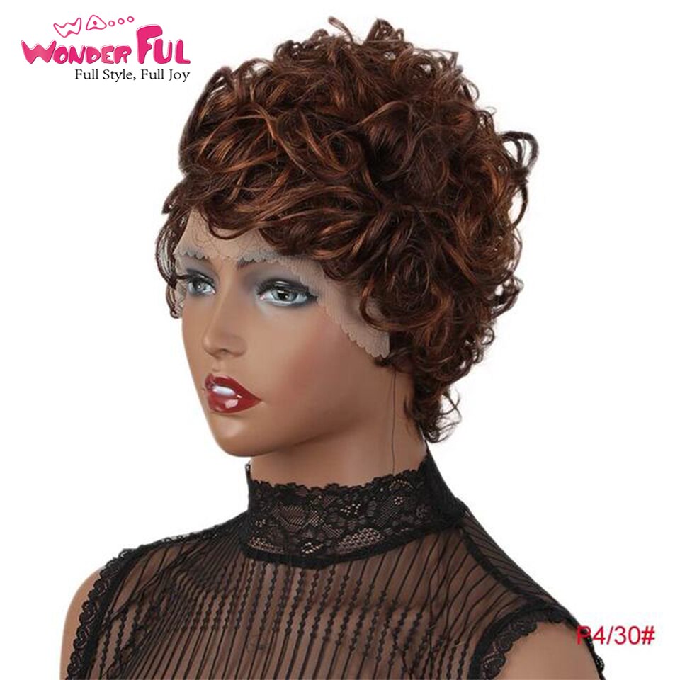 Wonderful Short Cute Pixie Lace Wigs Loose Curly Hair Peruvian Remy Lace Part Human Hair Wig For Women Black Brown Free Shipping