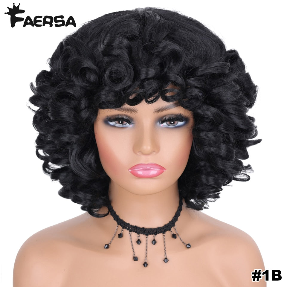 Short Hair Afro Kinky Curly Wigs With Bangs For Black Women Fluffy Synthetic African Ombre Glueless Cosplay Natural Brown Wigs