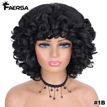 Short Hair Afro Kinky Curly Wigs With Bangs For Black Women Fluffy Synthetic African Ombre Glueless Cosplay Natural Brown Wigs