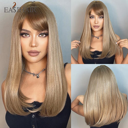 EASIHAIR Long Straight Synthetic Wigs for Women Ombre Brown Golden Blonde Middle Part Heat Resistant Cosplay Wig Natural Hair