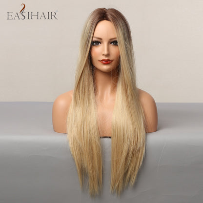 EASIHAIR Long Straight Synthetic Wigs for Women Ombre Brown Golden Blonde Middle Part Heat Resistant Cosplay Wig Natural Hair