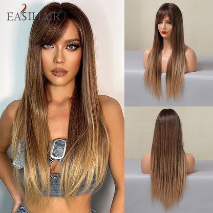 EASIHAIR Long Straight Synthetic Wigs for Women Ombre Brown Golden Blonde Middle Part Heat Resistant Cosplay Wig Natural Hair