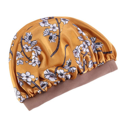 Printing Satin Bonnet For Women Elastic Wide Band Night Sleep Satin Hat Chemo Caps Hair Loss Cover Fashion Head Wrap Hair Care