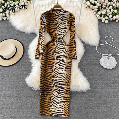 Neploe Fashion Sexy Leopard Print Dress for Women Stand-up Collar Slim Pencil Dresses Long Sleeve Temperament Elastic Robe Femme