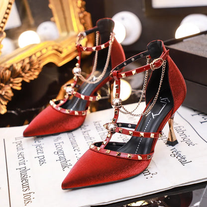 Design Dress Sandals Women Pumps Female Fairy Style With Skirt Cherry 2021 Summer New Black High Heels With Thin Rivets Shoes