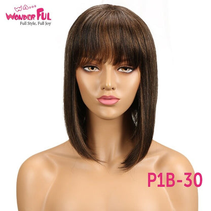 Wonderful Short Bob Wig With Bangs Straight Brazilian Hair Wigs For Women Human Hair Glueless Machine Made Cheap Human Hair Wigs