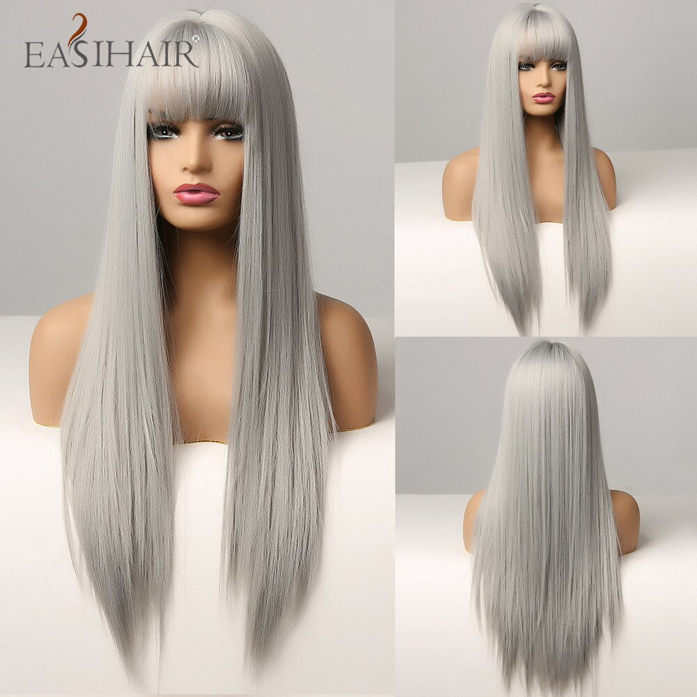 EASIHAIR Long Straight Synthetic Wigs for Women Ombre Brown Golden Blonde Middle Part Heat Resistant Cosplay Wig Natural Hair