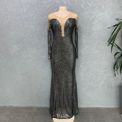 Women Long Sleeve Patchwork Beading Dress For Wedding Evening Party Gala Dresses Sexy Bodycon Shiny Sequins Club Prom Gown New