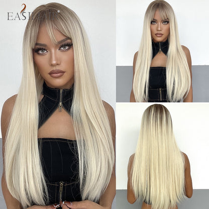 EASIHAIR Long Straight Synthetic Wigs for Women Ombre Brown Golden Blonde Middle Part Heat Resistant Cosplay Wig Natural Hair