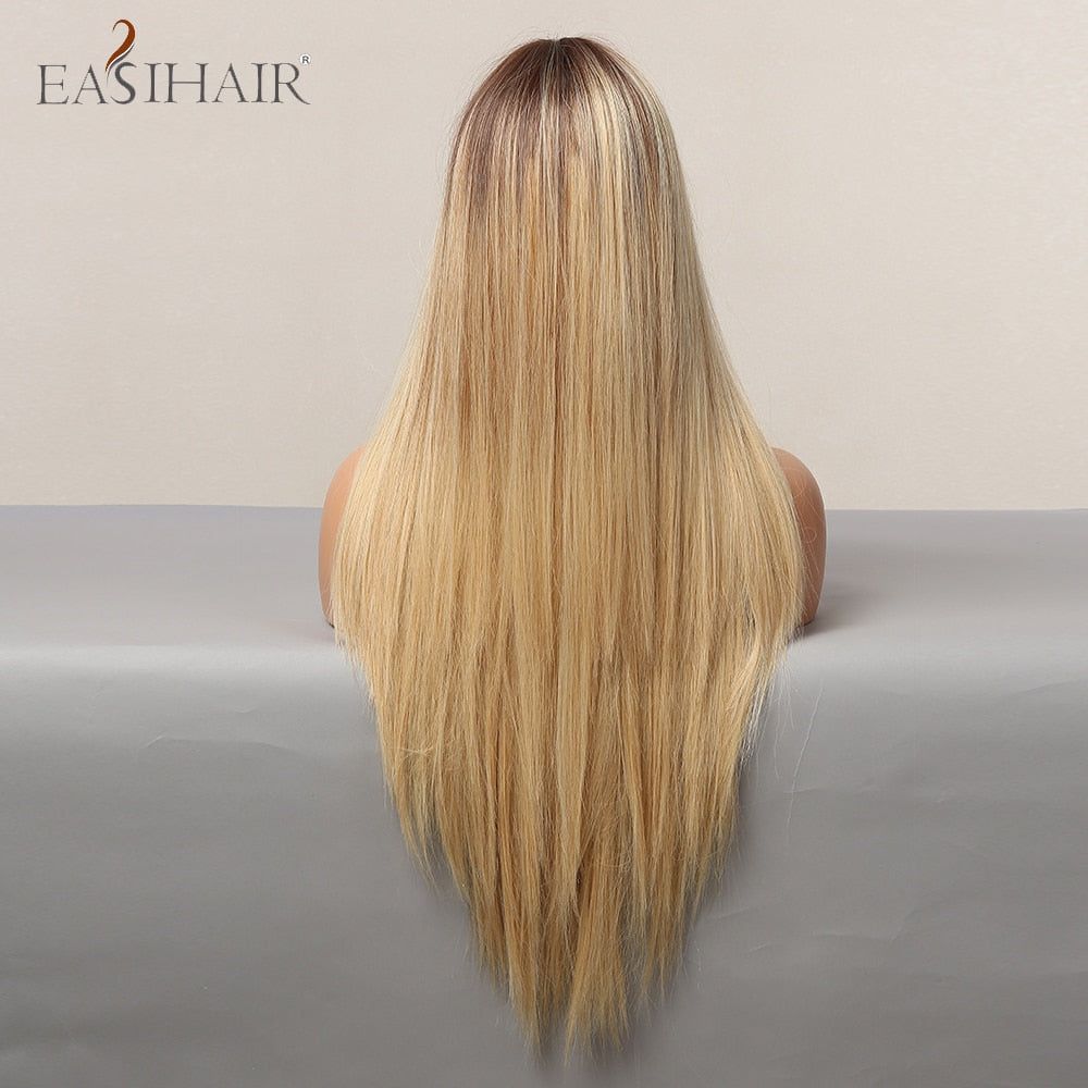 EASIHAIR Long Straight Synthetic Wigs for Women Ombre Brown Golden Blonde Middle Part Heat Resistant Cosplay Wig Natural Hair