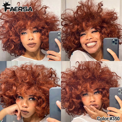 Short Hair Afro Kinky Curly Wigs With Bangs For Black Women Fluffy Synthetic African Ombre Glueless Cosplay Natural Brown Wigs