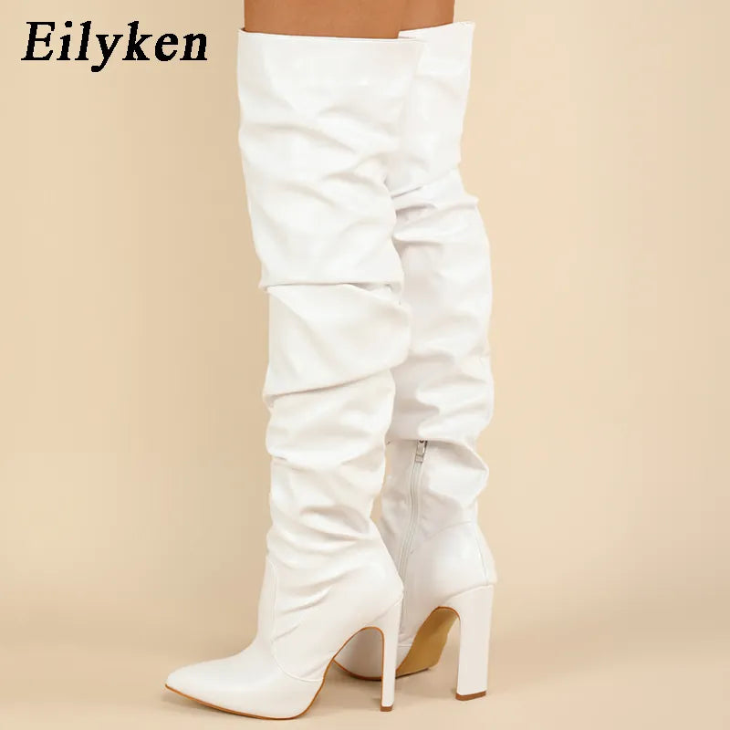 Eilyken Pleated Thigh High Boots Fashion Pointed Toe Zip Female Stiletto Square Heels Design White Black Brown Women's Shoes