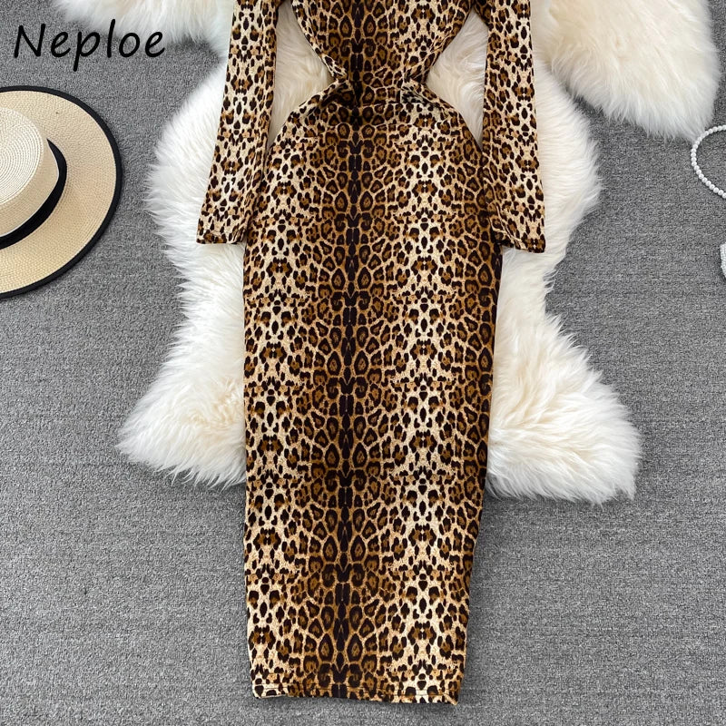 Neploe Fashion Sexy Leopard Print Dress for Women Stand-up Collar Slim Pencil Dresses Long Sleeve Temperament Elastic Robe Femme