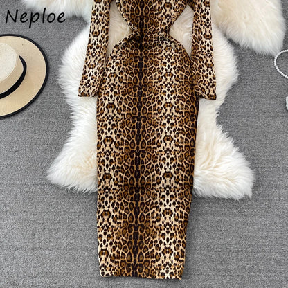 Neploe Fashion Sexy Leopard Print Dress for Women Stand-up Collar Slim Pencil Dresses Long Sleeve Temperament Elastic Robe Femme