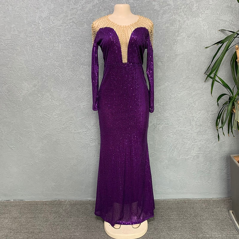 Women Long Sleeve Patchwork Beading Dress For Wedding Evening Party Gala Dresses Sexy Bodycon Shiny Sequins Club Prom Gown New