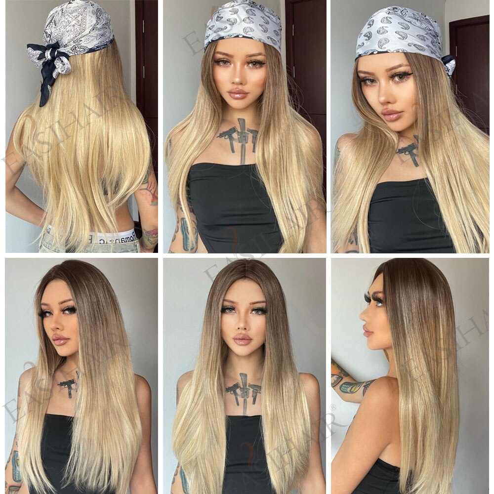 EASIHAIR Long Straight Synthetic Wigs for Women Ombre Brown Golden Blonde Middle Part Heat Resistant Cosplay Wig Natural Hair