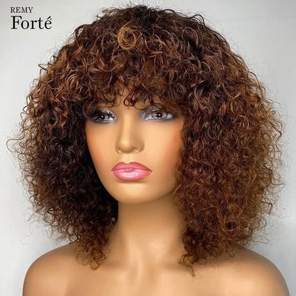 Jerry Curly Human Hair Wigs with Bangs Full Machine Made Wigs Highlight Honey Blonde Ombre Color For Woman Brazilian Remy Hair