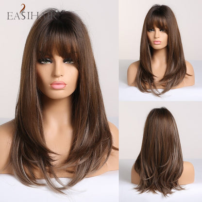 EASIHAIR Long Straight Synthetic Wigs for Women Ombre Brown Golden Blonde Middle Part Heat Resistant Cosplay Wig Natural Hair