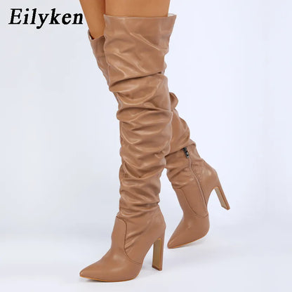 Eilyken Pleated Thigh High Boots Fashion Pointed Toe Zip Female Stiletto Square Heels Design White Black Brown Women's Shoes