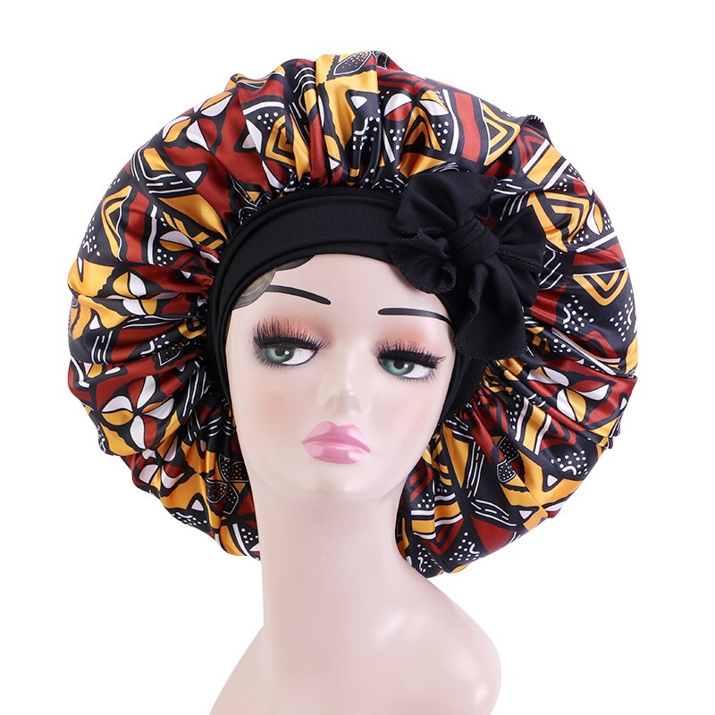 Extra Large Satin Sleeping Cap Hair Bonnet For Women African Pattern Ankara Print Long Tail Bonnets Wide Stretchy Band Hat