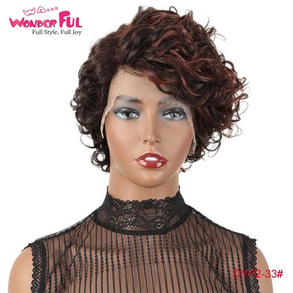 Wonderful Short Cute Pixie Lace Wigs Loose Curly Hair Peruvian Remy Lace Part Human Hair Wig For Women Black Brown Free Shipping