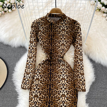 Neploe Fashion Sexy Leopard Print Dress for Women Stand-up Collar Slim Pencil Dresses Long Sleeve Temperament Elastic Robe Femme