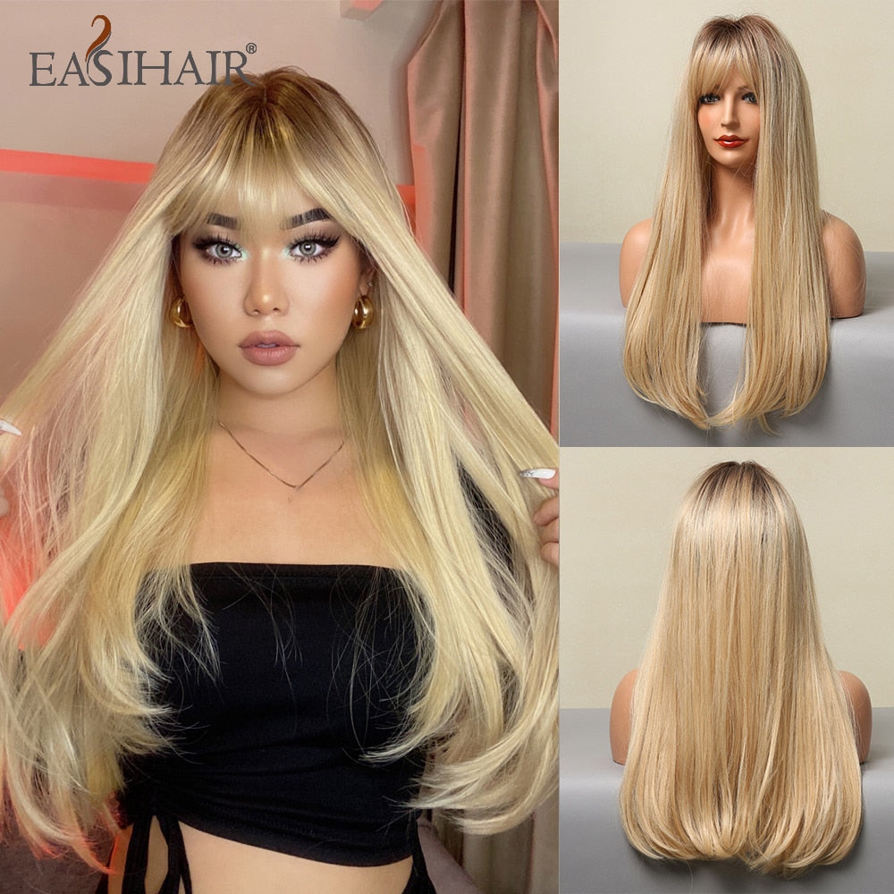 EASIHAIR Long Straight Synthetic Wigs for Women Ombre Brown Golden Blonde Middle Part Heat Resistant Cosplay Wig Natural Hair