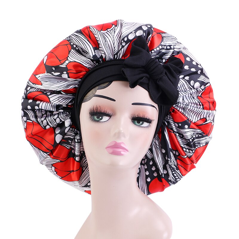 Extra Large Satin Sleeping Cap Hair Bonnet For Women African Pattern Ankara Print Long Tail Bonnets Wide Stretchy Band Hat