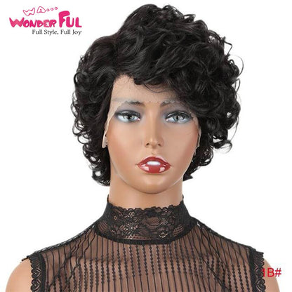 Wonderful Short Cute Pixie Lace Wigs Loose Curly Hair Peruvian Remy Lace Part Human Hair Wig For Women Black Brown Free Shipping