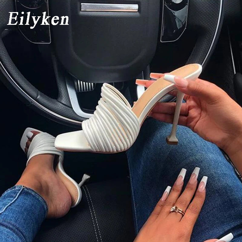 Eilyken Rome Design Narrow Band Square Toe Womens Slipper Sandals Summer Sexy High Heel Ladies Mules Slides Shoes