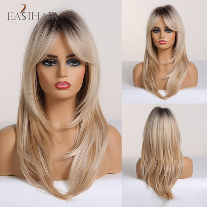 EASIHAIR Long Straight Synthetic Wigs for Women Ombre Brown Golden Blonde Middle Part Heat Resistant Cosplay Wig Natural Hair