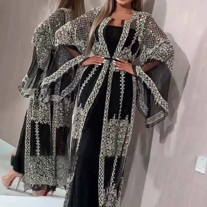 2024 Abaya Dubai Muslim Luxury Dress High Class Embroidery Lace Sequins Ramadan Kaftan Isla African Clothes 2 Piece Set