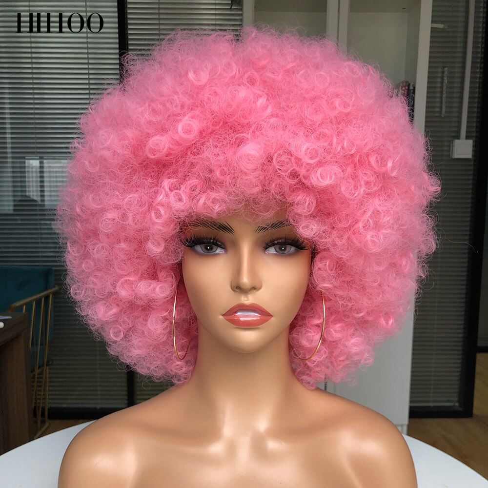 Short Hair Afro Kinky Curly Wig With Bangs Women&#39;s wigs Cosplay Blonde Wig Pink Synthetic Wig Halloween Black Wig Blue Red Brown