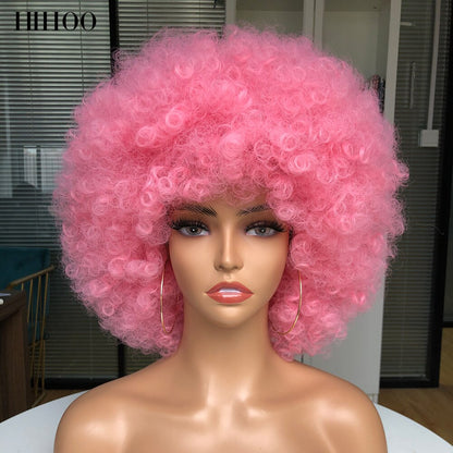 Short Hair Afro Kinky Curly Wig With Bangs Women&#39;s wigs Cosplay Blonde Wig Pink Synthetic Wig Halloween Black Wig Blue Red Brown