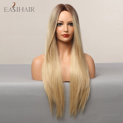 EASIHAIR Long Straight Synthetic Wigs for Women Ombre Brown Golden Blonde Middle Part Heat Resistant Cosplay Wig Natural Hair